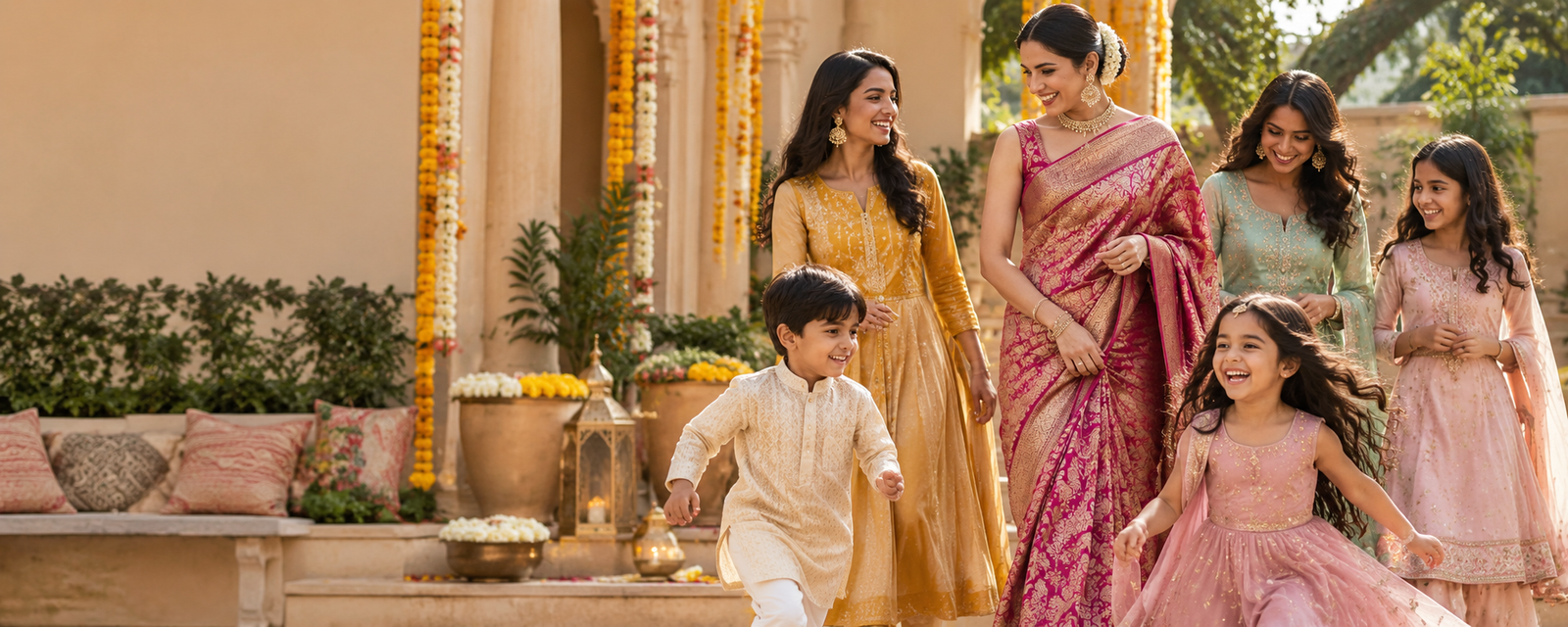 Indian mother with daughter and son in traditional festive clothing